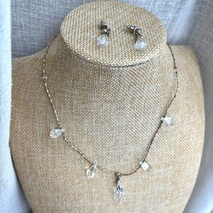 Vintage clear crystal sterling silver drop earrings & necklace‎ set